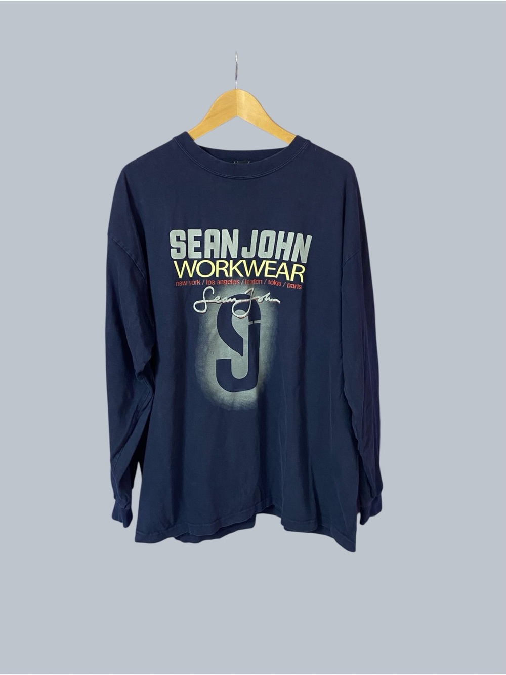Y2K Sean John Graphic T Shirt Long Sleeve Workwear Navy Blue Made in USA